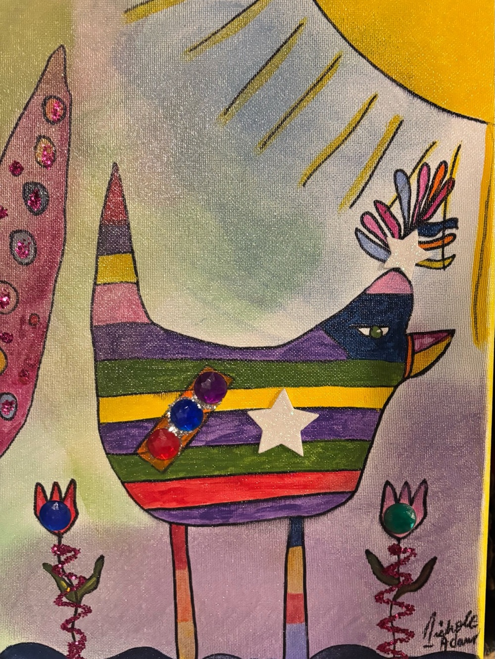 Colorful Rainbow Stripe Bird folk art - Multi-Color
